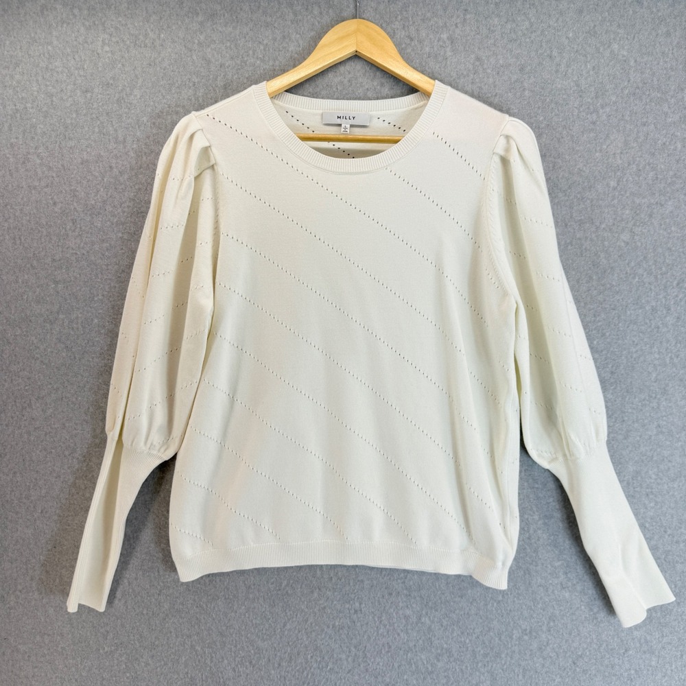 Milly Puff Sleeve Sweater Pointelle Knit Crew Neck Pullover Top Ivory Size Large